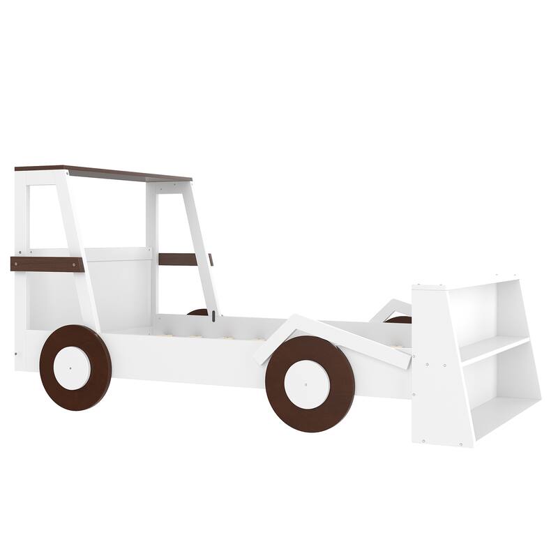 Twin Size Car Bed with Storage Shelves, Kids Platform Bed with Cute Car-shape, Childlike Design, Blue White