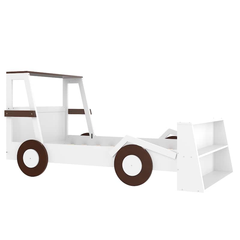 Twin Size Car Bed with Storage Shelves - Kids Platform Bed, Cute Car Shape, Childlike Design