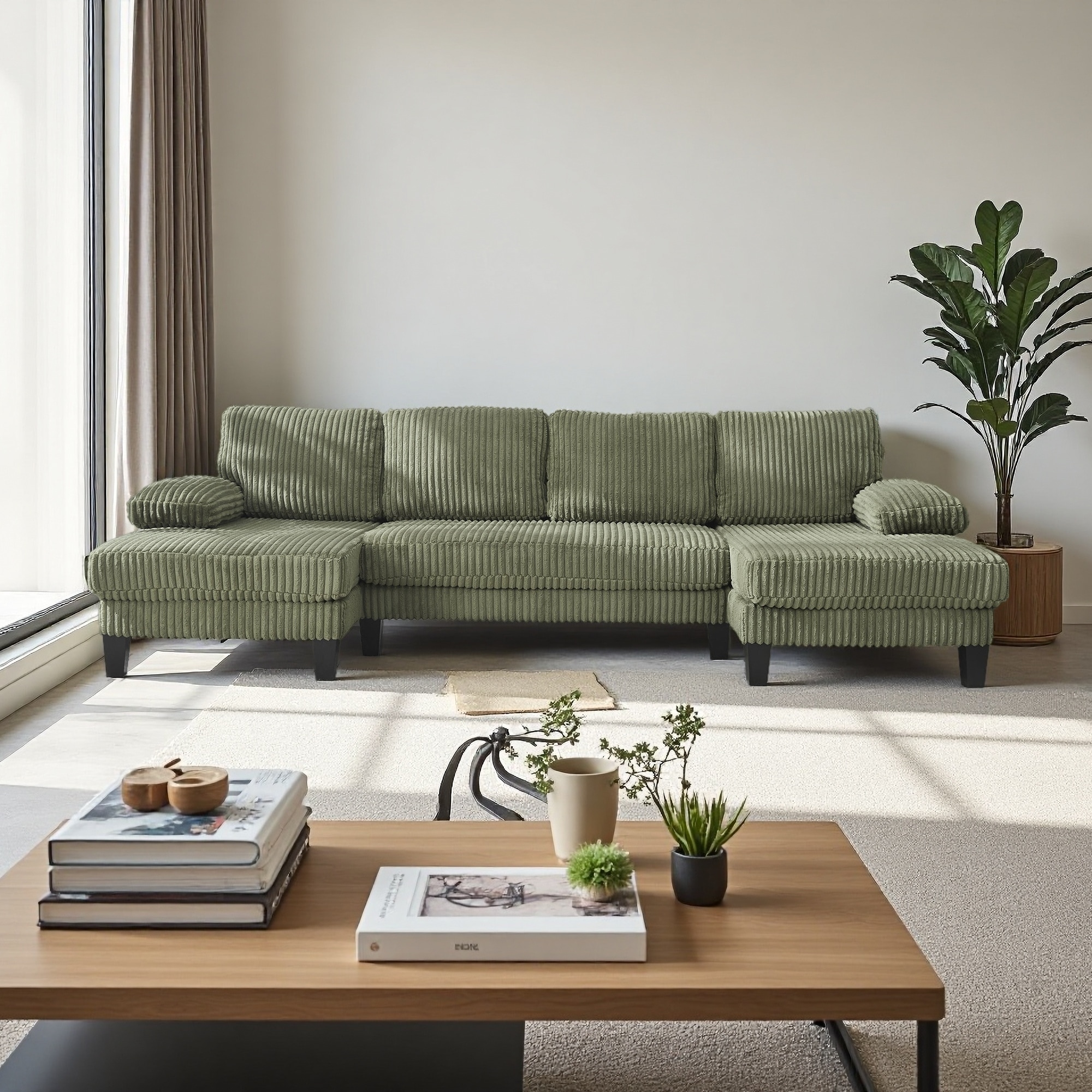 114.2" Velvet U-Shaped 4-Seat Sectional Sofa with Double Chaise & Armrest Pockets