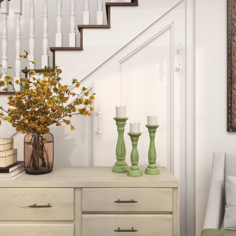 Gray, Green, Brown or Blue Wooden Distressed Turned Decorative Candle Holder (Set of 3)