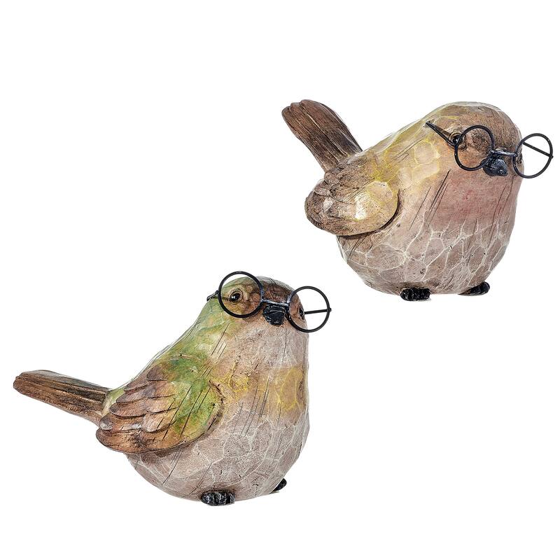 5" Resin Garden Bird With Glasses Set of 2
