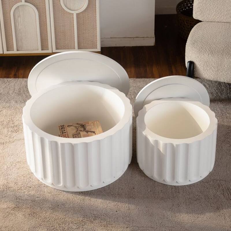 White Round Storage Table Set with Lift-Off Lid, Nesting Design