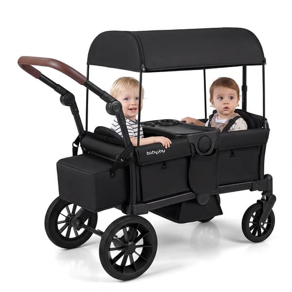 slide 2 of 20, Costway Foldable Wagon Stroller for 2 Kids, Double Seater Toddler - See Details Black