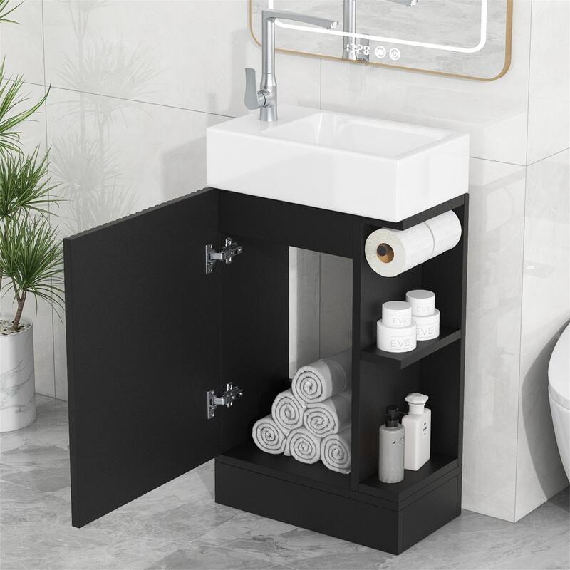 18.6" Bathroom Vanity with Sink Combo, Small Bathroom Cabinet with 2-Tier Shelf, Bathroom Vanity Set with Ceramic Sink