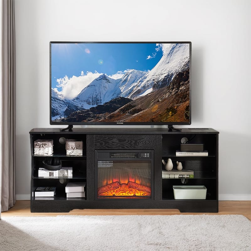 58"W Fireplace TV Stand with 18'' Fireplace, LED Light, USB Outlet - 58''W*15.5''D*24.4''H - Black