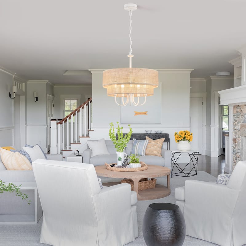 18.1-in 5-Light Farmhouse Rattan Pendant Light with 2-Tier Hand-Woven Drum Shade for multiple rooms