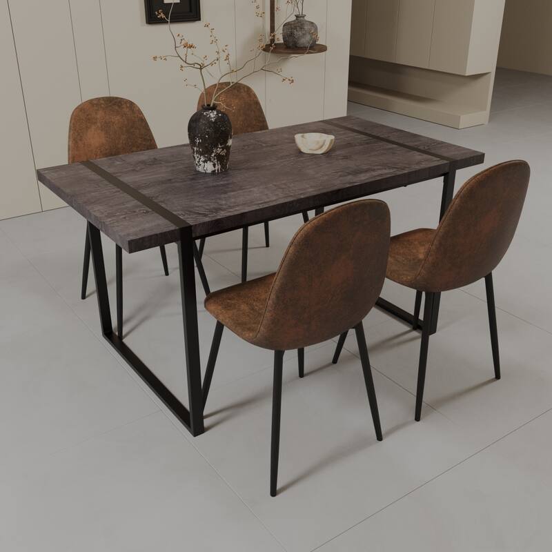 Modern Style 5-Piece Dining Set with Rectangular Wooden Kitchen Table and 4 Round Corner Suede Dining Chairs