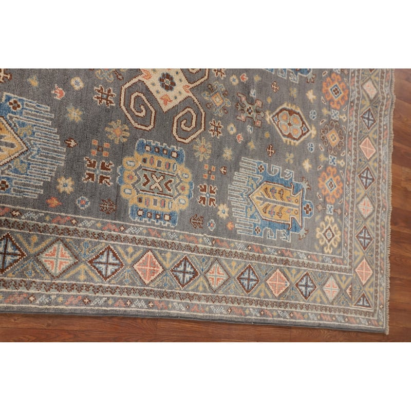 Traditional Kazak Oriental Area Rug Hand-Knotted Grey Wool Carpet - 4'1" x 6'2"