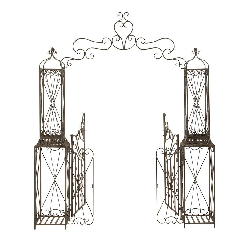Black Metal Indoor Outdoor Scrollwork Arched Gate Garden Arbor with Pillars and Latch Lock Closure