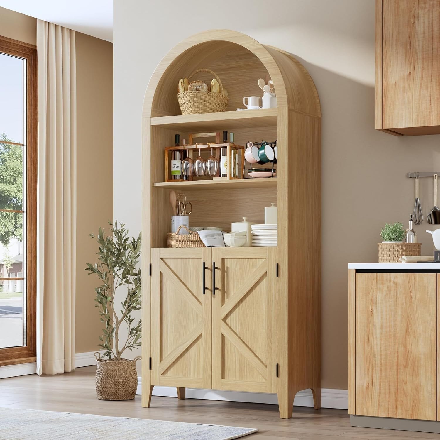 Arched Bookcase, Kitchen Pantry Storage Cabinet with Open Display Shelf