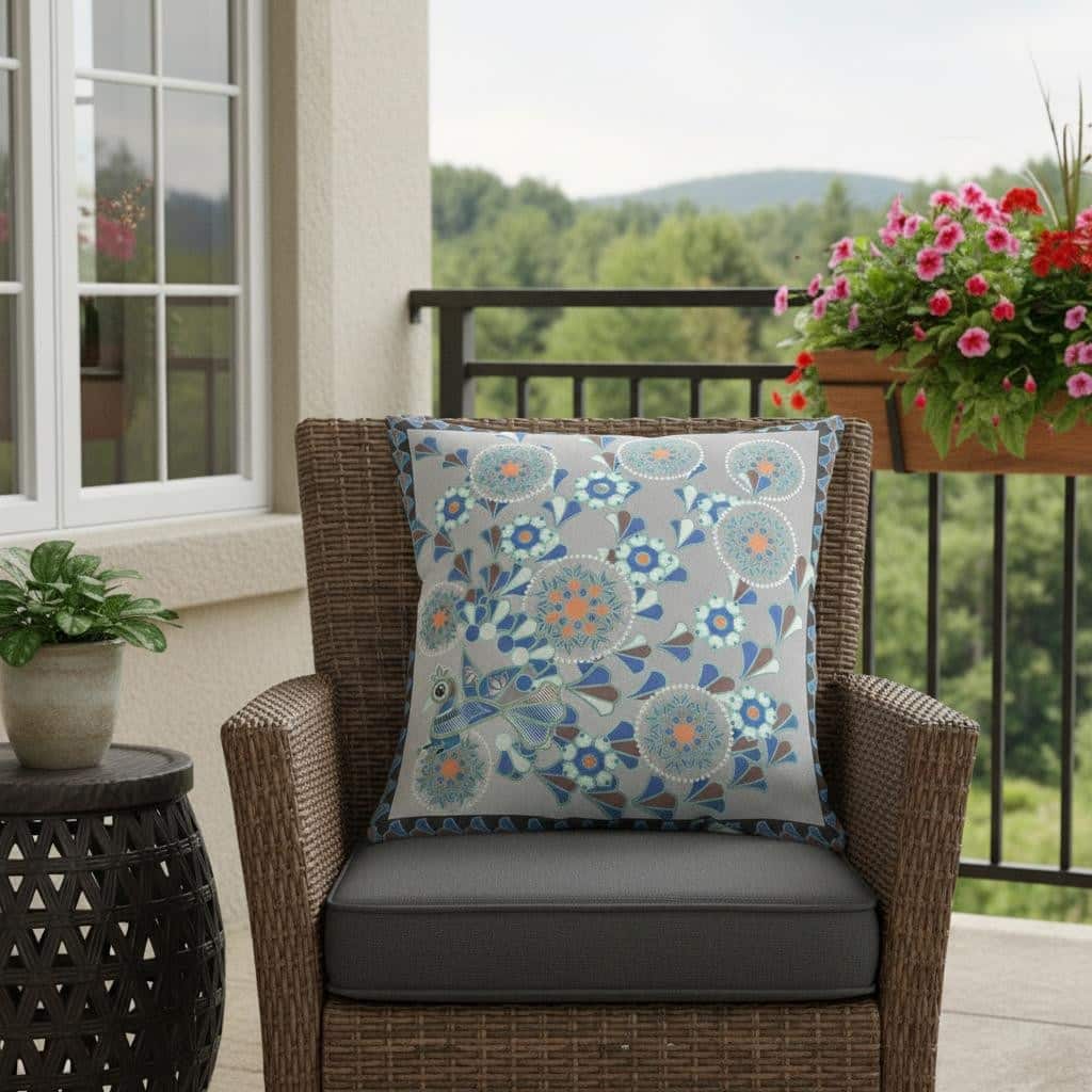 HomeRoots 16" x 16" Black and Gray Peacock Blown Seam Floral Indoor Outdoor Throw Pillow - 16.00' X '5.00' X '16.00