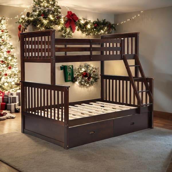 slide 2 of 50, Kids and Baby Twin Over Full Wooden Bunk Bed with Drawers,Ladder Espresso