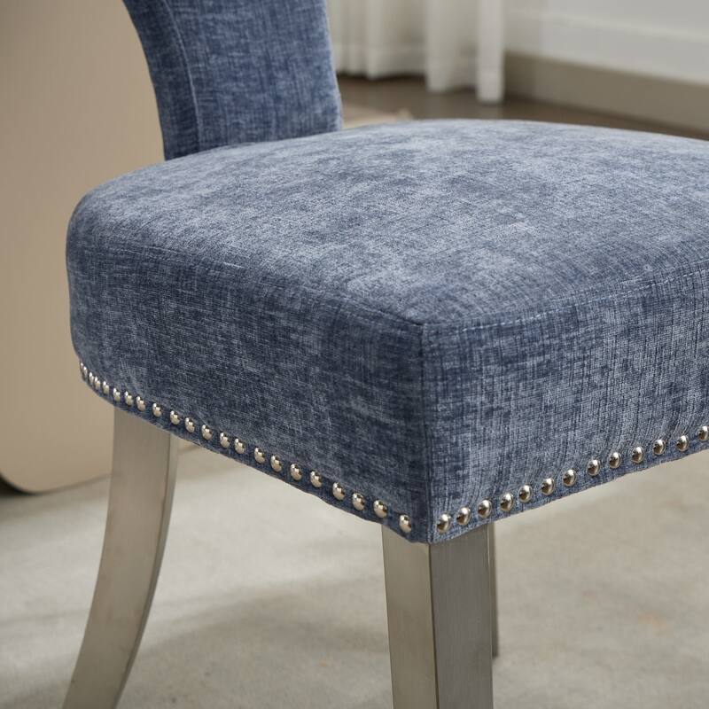 Mid Century Modern Dining Chairs Set of 2, Chenille Upholstered Accent Chairs with Copper Nails Trim & Silver Steel Legs
