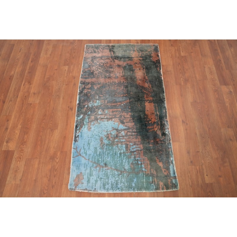 Hand Knotted Oriental Viscose Silk Carpet Modern Abstract Multi-Colored Abstract Area Rug - 4' 0'' X 2' 0''