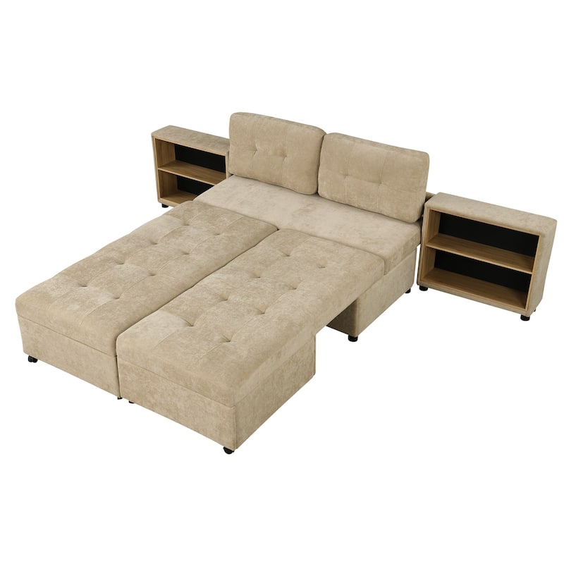121.2" Chenille Modular Sofa Bed with Two Storage Racks, Free-Combined Design, and Smooth-Rolling Wheels