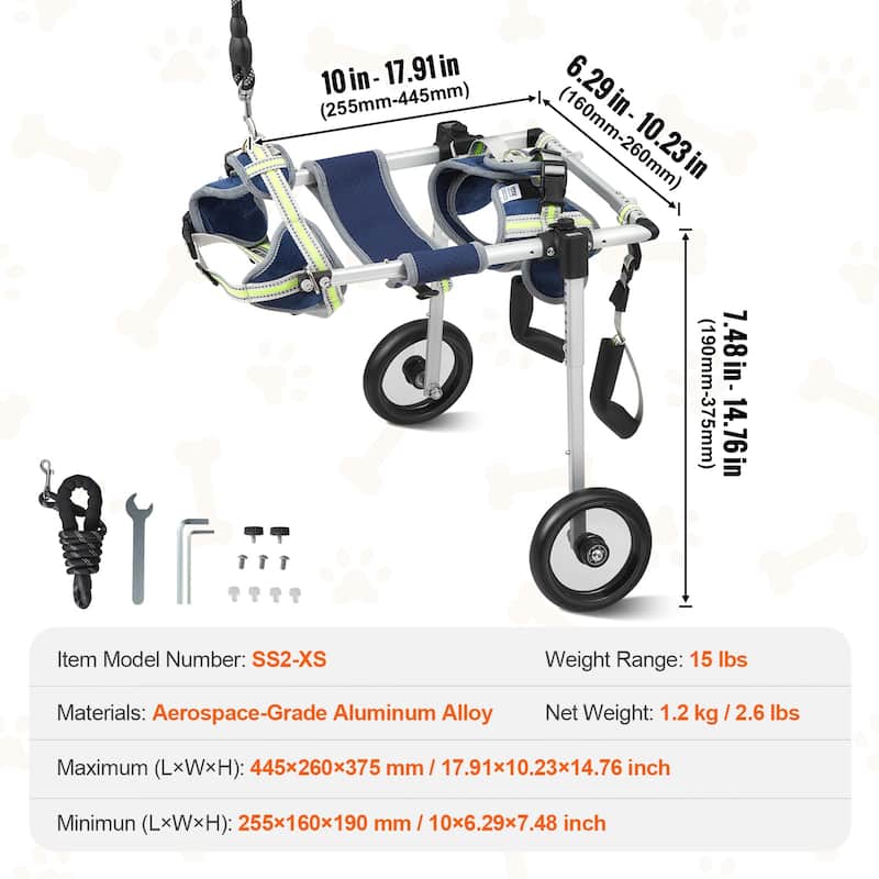 VEVOR 2 Wheels Dog Wheelchair for Back Legs, Dog Cart/Wheelchair for Injured, Disabled, Paralysis, Hind Limb Weak Pet