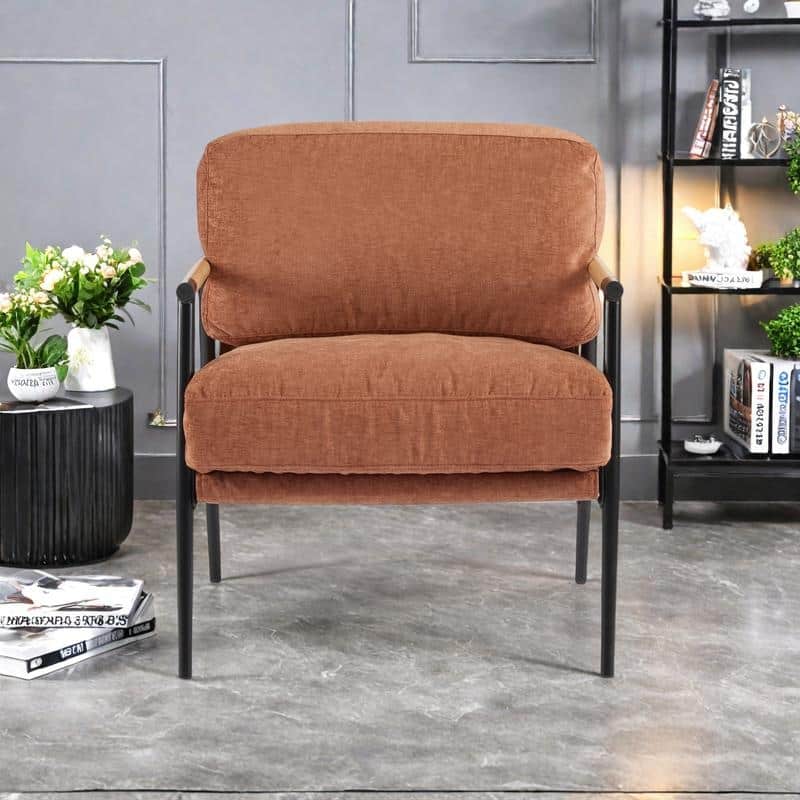 Polyester Accent Chair with Metal Frame & Wooden Armrests