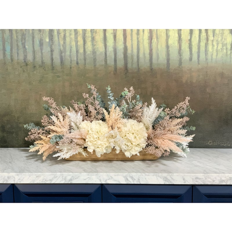 Hydrangeas, Pampas and Eucalyptus Arrangement in a Wood Planter - Cream, Beige, Pink, Green