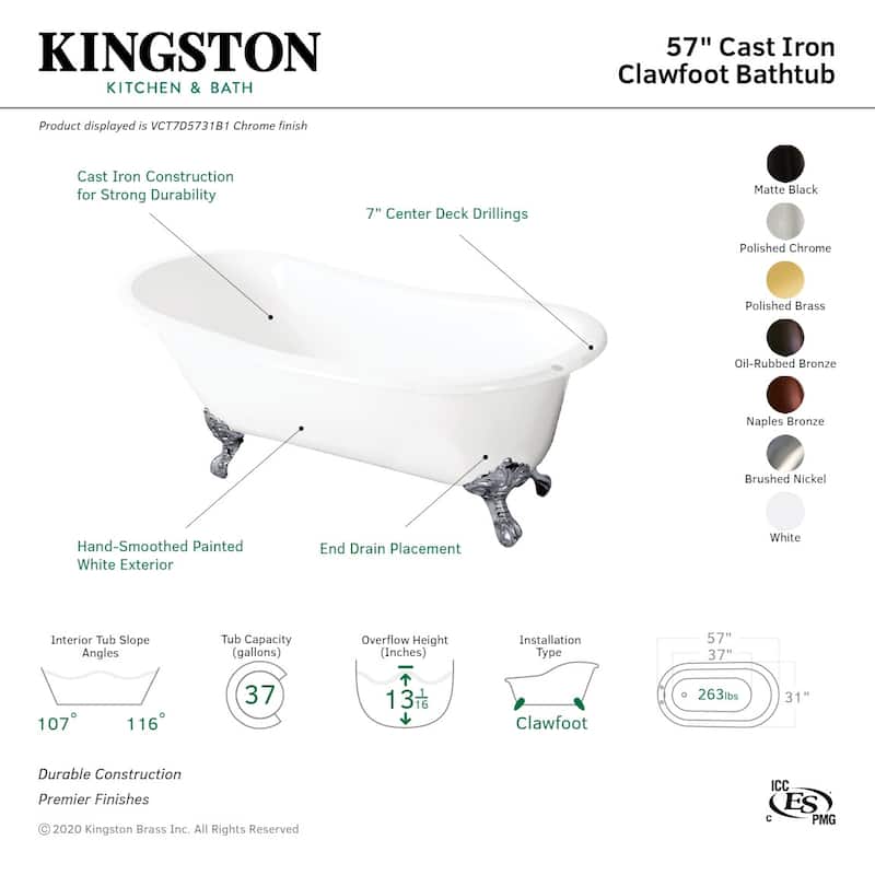 Kingston Brass Tazatina 57" Clawfoot Cast Iron Soaking Tub with