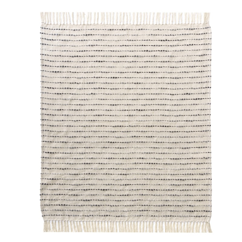HomeRoots 50" X 60" White And Navy Blue Cotton Blend Woven Striped Throw Blanket with Fringe