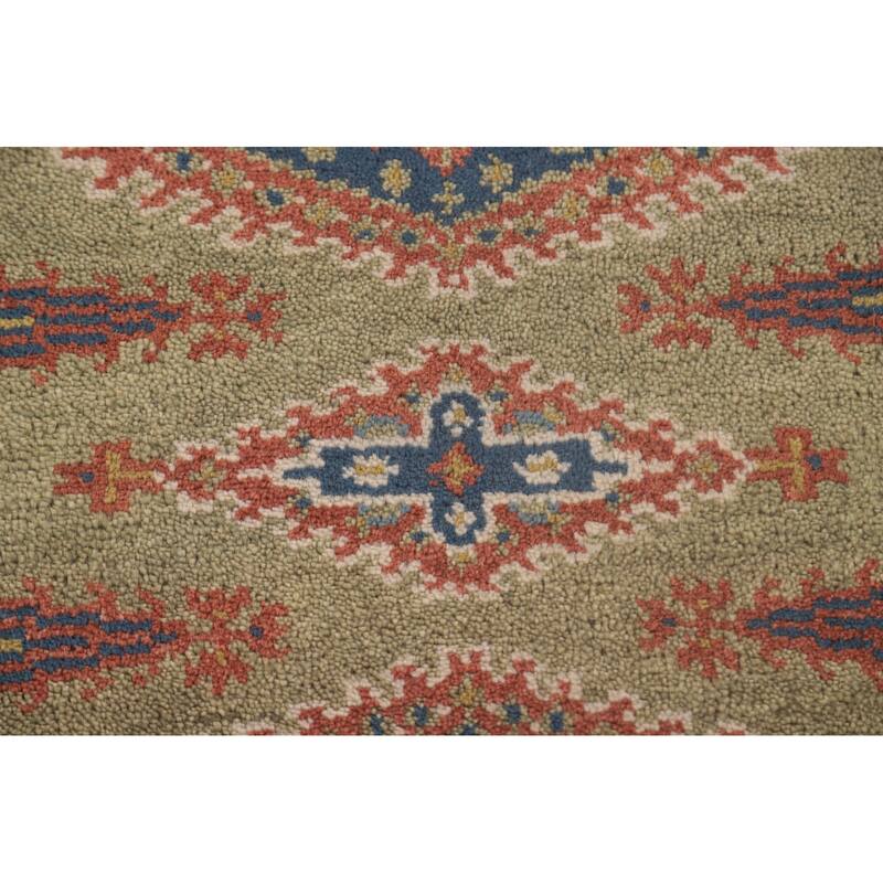 Green Geometric Kazak Oriental Runner Rug Wool Carpet - 2'6"x 9'9"
