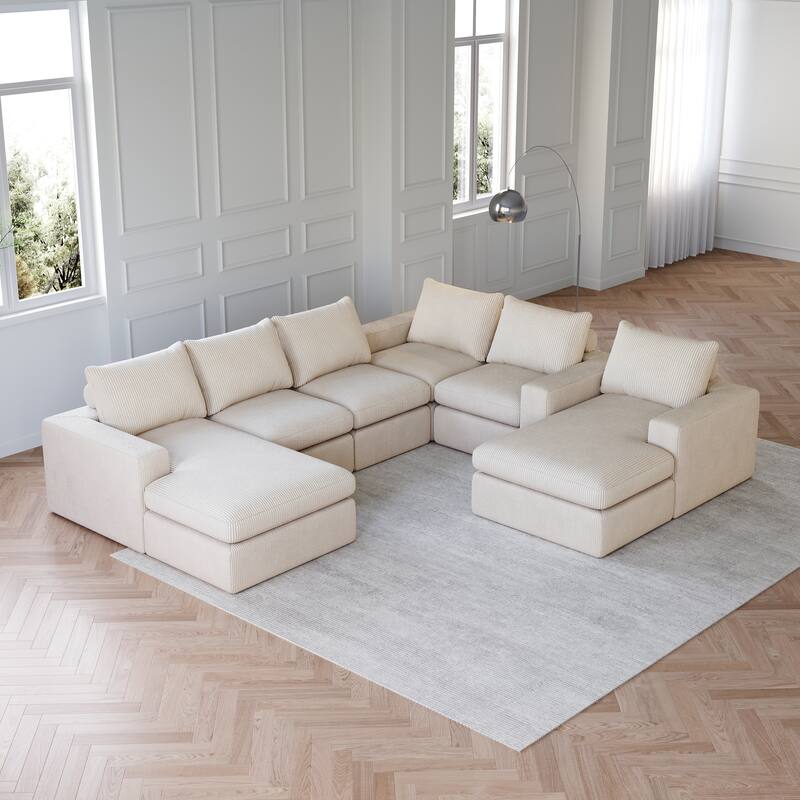 Roomfitters Modern 3-Seater Corduroy Cloud Sectional Sofa with Chaise, L-Shaped Boneless Couch with Pillows