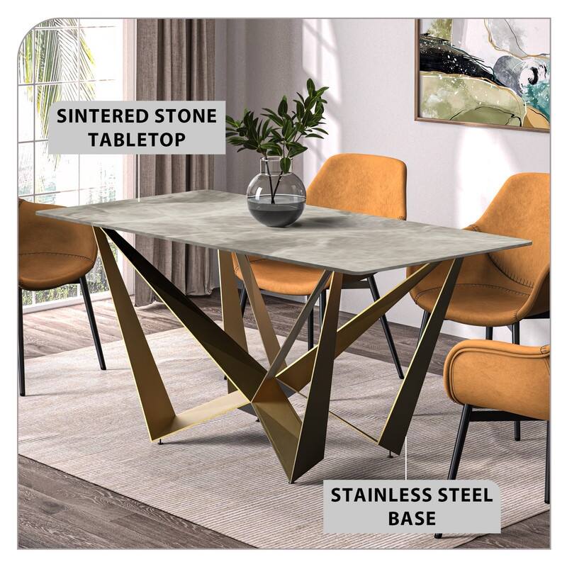 Nuvor Rectangular Sintered Stone or Glass Tabletop Dining Table with Powder-Coated Gold Steel Base for Kitchens & Dining Rooms