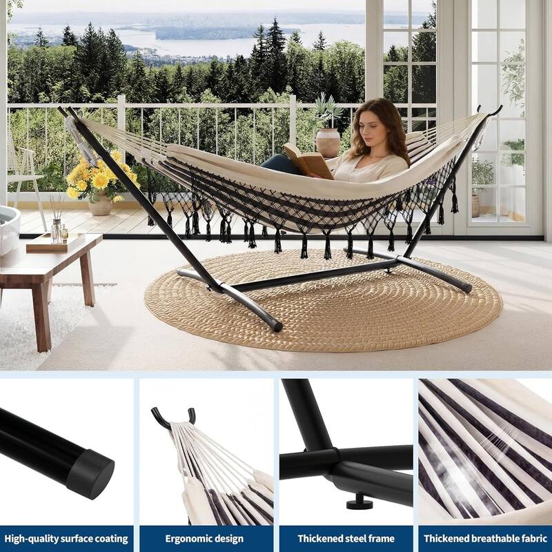 450 LBS Capacity Portable Double Hammock with Stand for Outdoor Patio Backyard Poolside - Beige Stripes