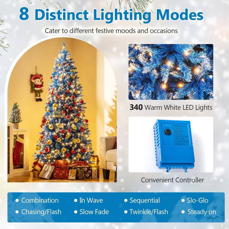 Gymax Pre-Lit Artificial Christmas Tree Blue Hinged Xmas Tree w/