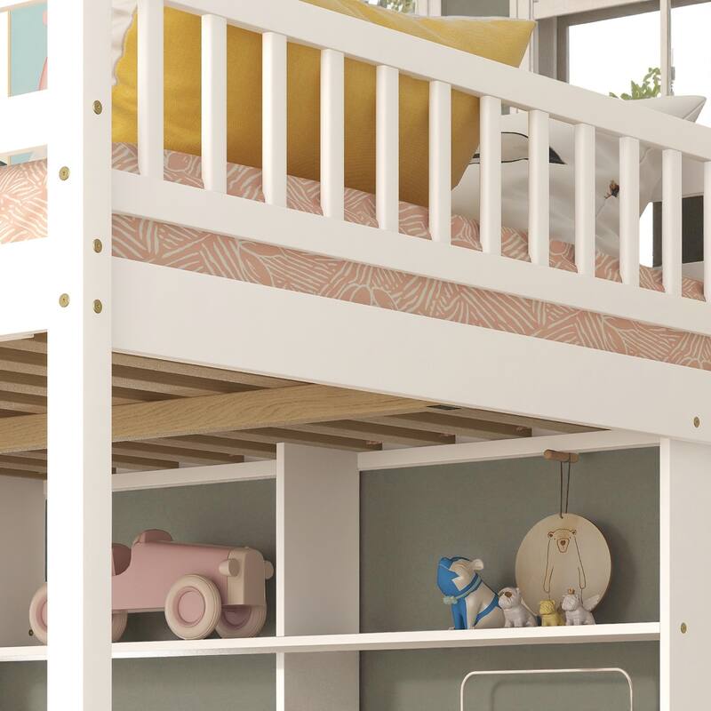 Full Size Wooden Loft Bed with Desk, Storage Shelves, and Staircase, Solid Pine Frame with Guardrails
