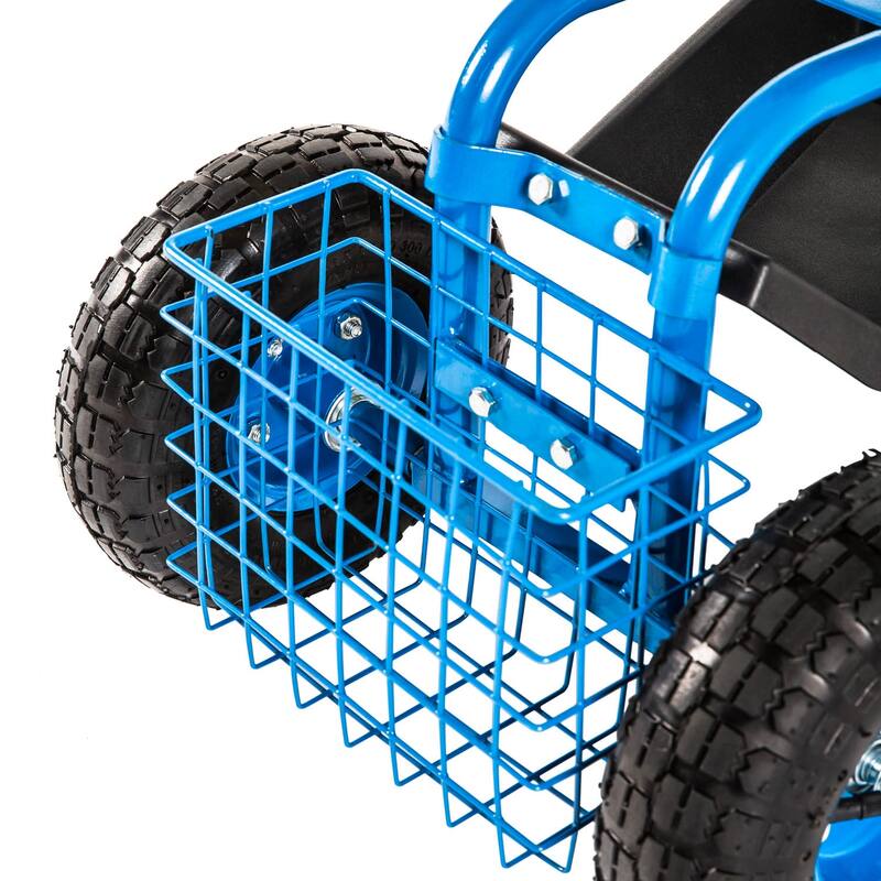 Kinbor Garden Cart Seat with Wheels, Rolling Garden Scooter with 360°Swivel Seat Extendable Steer Handle & Storage Basket