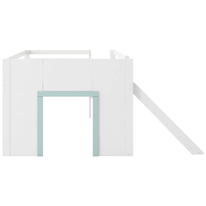 Full Size Low Loft Bed with Slide, Three Drawers, Two Doors, White