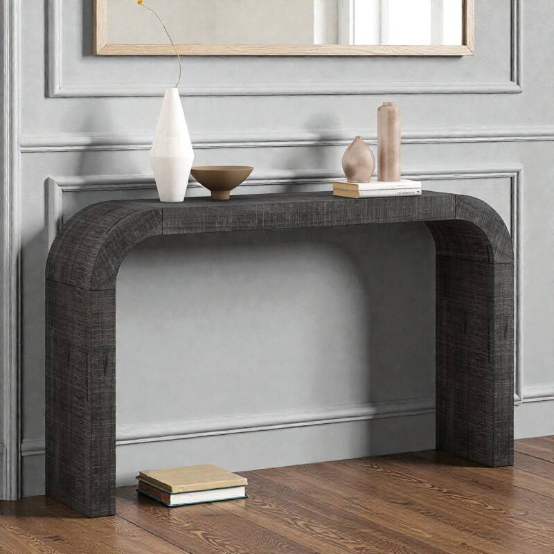 52 Inch Wood Console Table with Curved Edge, Rustic Cedar Veneer Entryway Table with Sled Base for Living Room - Black