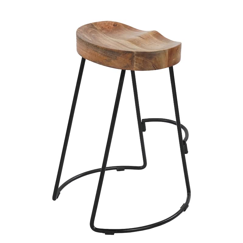 30 Inch Handcrafted Backless Counter Height Barstool Natural Brown Mango Wood Saddle Seat Black Iron Base
