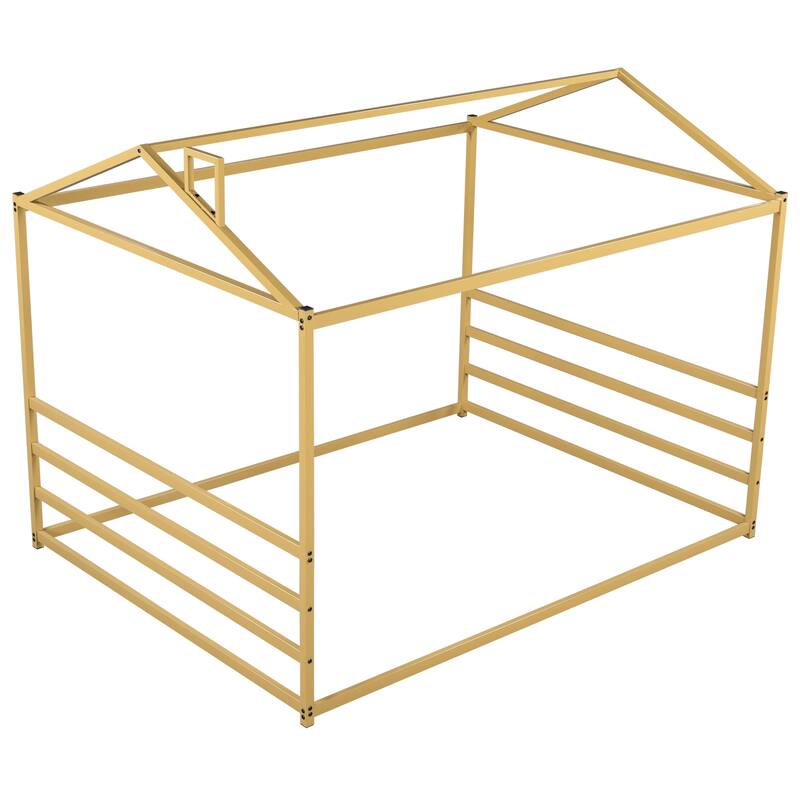 Modern Simple Queen Size Metal House Shape Platform Bed Floor Bed Frame for Kids Teens Adults, Space-Saving, Easy Assembly
