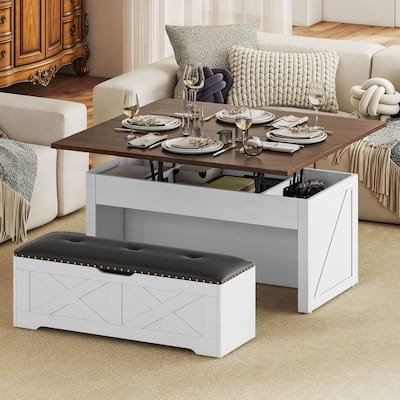 Moasis Wood Lift-Top Coffee Table Wheeled Dinning Center Table Set with Padded Ottoman