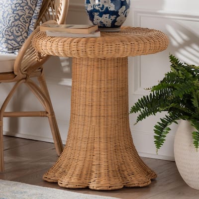 Avalon Scallop Natural Rattan Side Table - Handwoven Wicker Table with Skirted Base, Coastal Style for Living Room or Hallway