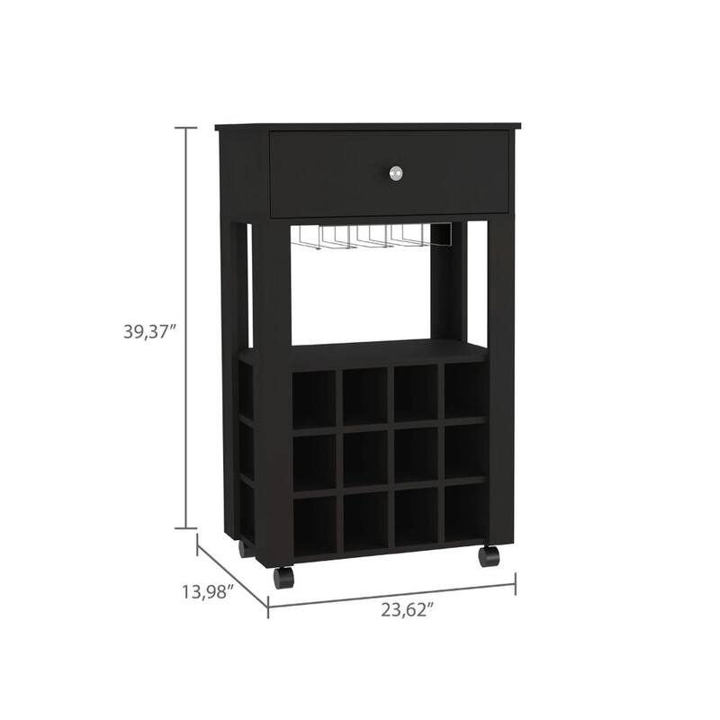 Memphis Bar Cart, Twelve Built-in Wine Rack, Four Legs, One Open Shelf -Black