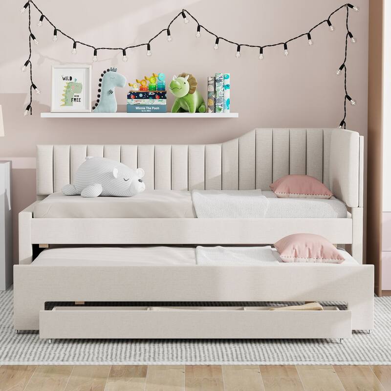 Living Room Upholstered Daybed, Solid Wood Platform Sofa Bedframe with Pull Out Trundle and 3 Drawers, Wood Slats Support - Beige - Twin