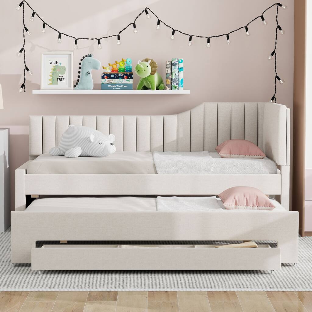Living Room Upholstered Daybed, Solid Wood Platform Sofa Bedframe with Pull Out Trundle and 3 Drawers, Wood Slats Support