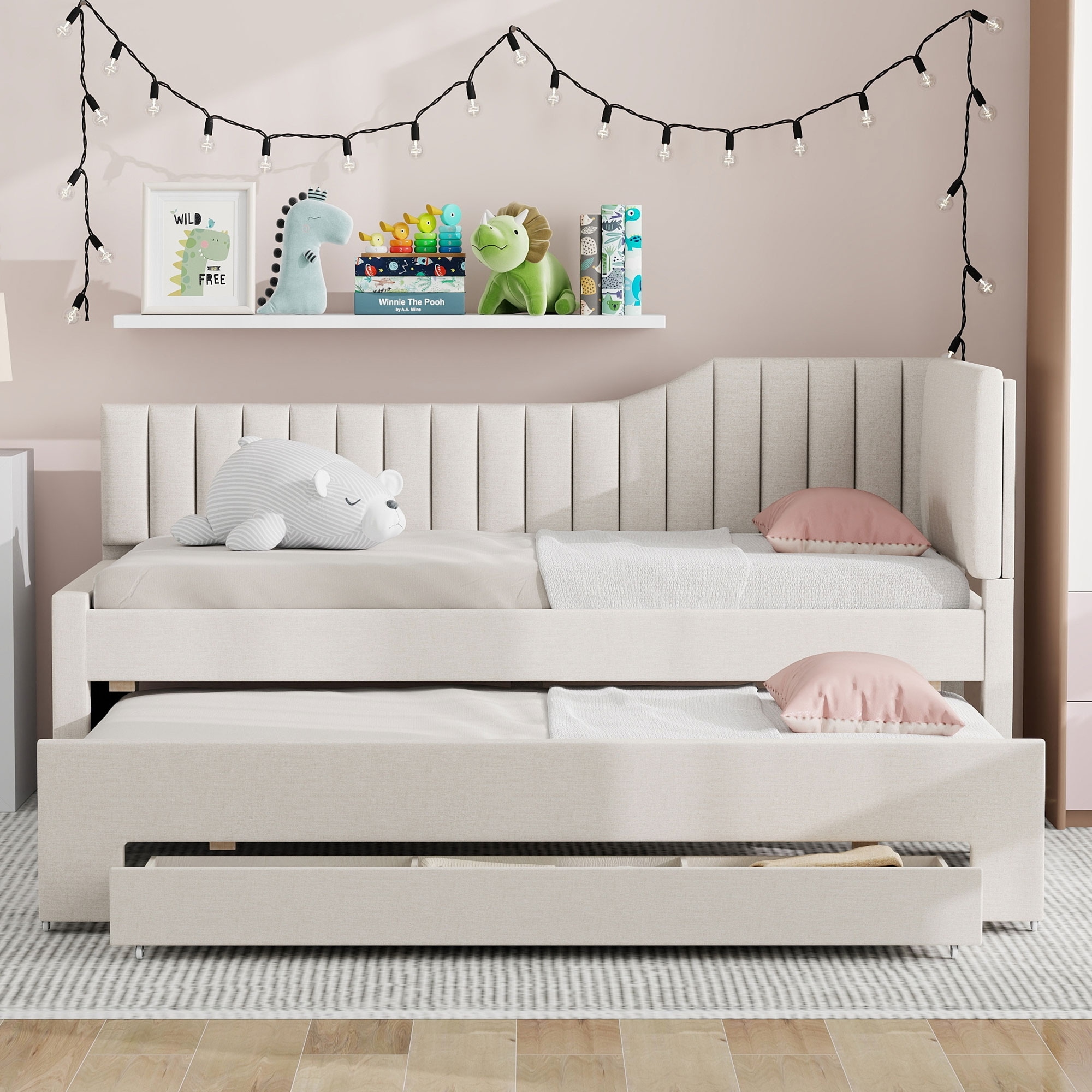 Living Room Upholstered Daybed, Solid Wood Platform Sofa Bedframe with Pull Out Trundle and 3 Drawers, Wood Slats Support