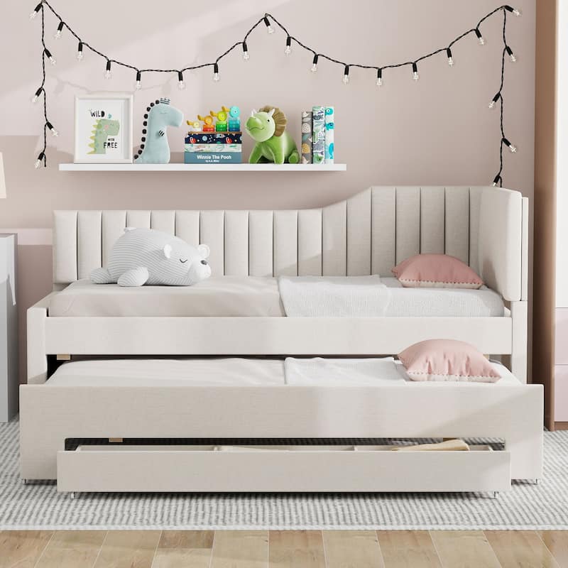 Twin Size Upholstered Daybed with Trundle and Three Drawers, Gray