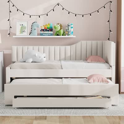 Versatile Upholstered Daybed with Trundle & 3 Drawers, Solid Wood Sofa Bedframe w/Backrest Design, for Living Rooms Guest Rooms
