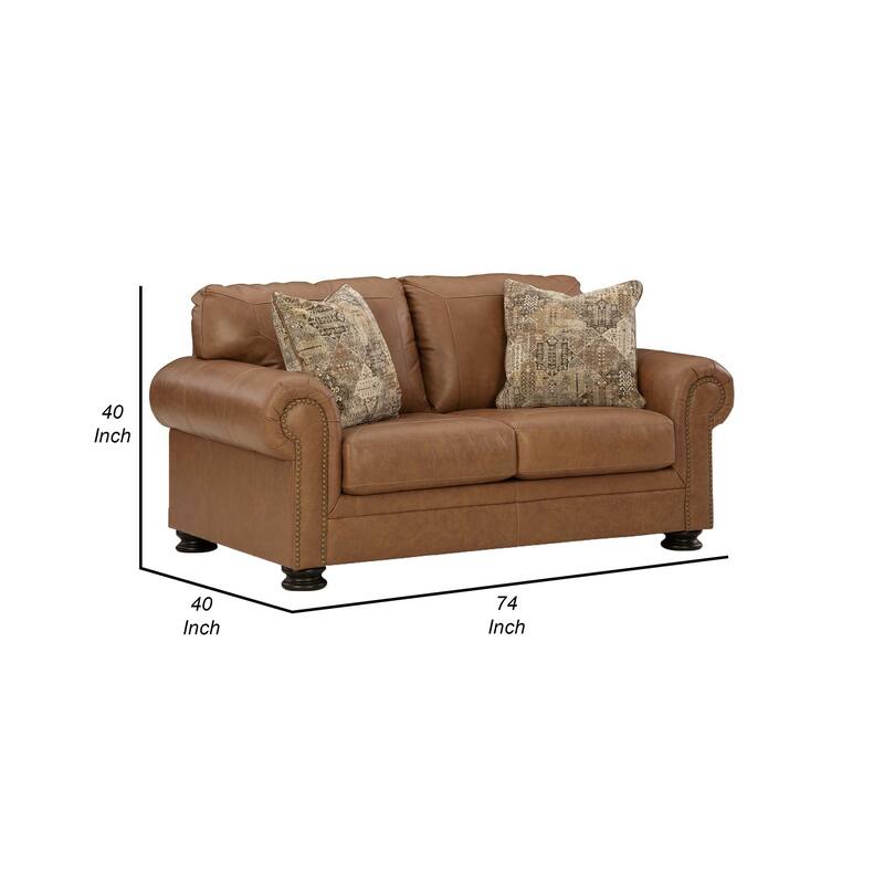 Riana 74 Inch Loveseat, 2 Accent Pillows, Caramel Brown Genuine Leather