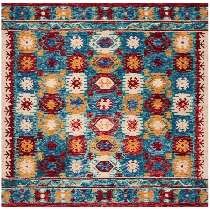 SAFAVIEH Handmade Aspen Cecilija Boho Tribal Wool Rug - 7' Square - Blue/Red