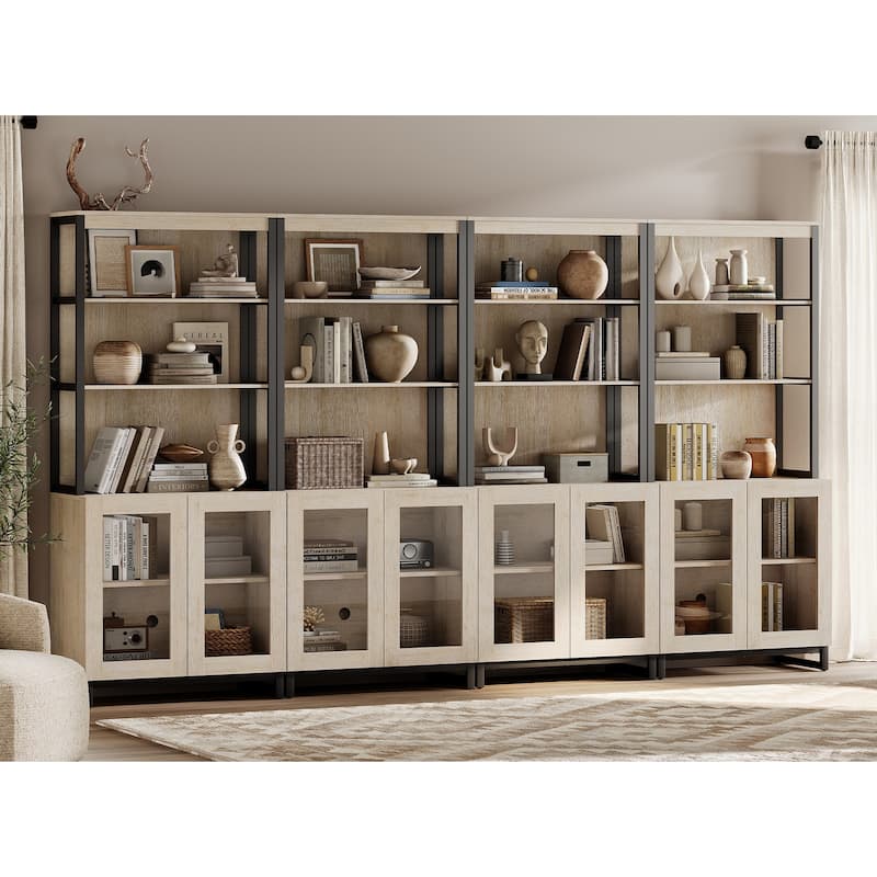 4 PCS Modern 72" Sideboard with Glass Doors and Adjustable Shelves, Multifunctional Buffet for Dining Room or Kitchen - 72inches - Beige