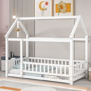 White Pine Wood House Frame Floor Bed with Fence Design, Easy Assembly, Imaginative Play Space