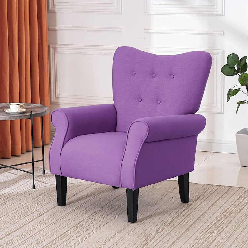 Erommy Modern Accent Chair, High Back Armchair, Upholstered Fabric Button Single Sofa with Wooden Legs for Living Room - Purple - Solid