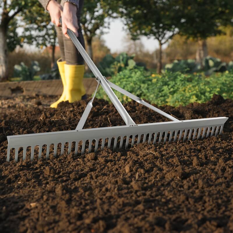 Pure Garden 36in Landscape Rake - Aluminum Metal Rake and Lawn Care Gloves - Aluminum - Silver