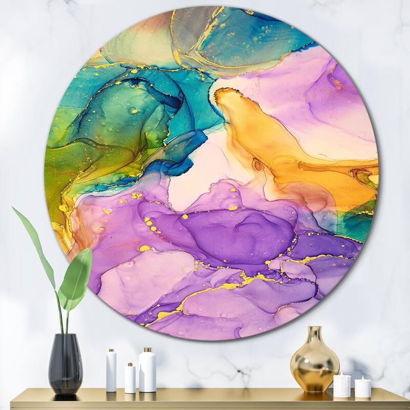 Designart 'Purple Yellow And Green Liquid Art' Modern Metal Circle Wall Art - 36x36 - Disc of 36 Inch